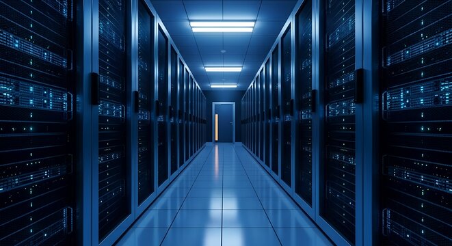 A long, narrow corridor within a data center, lined with illuminated server racks. The blue lighting creates a futuristic and technological atmosphere, drawing the eye towards a faintly lit doorway at