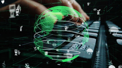This image portrays a green globe overlaying a keyboard, symbolizing the intersection of technology and environmental sustainability in the digital age. Xenic