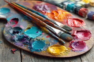 Obraz premium Colorful oil painting palette and brushes on a wooden table in an art studio, showcasing vibrant colors and artist's tools, embodying creativity and artistry.