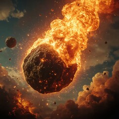 Falling Asteroid meteor into Planet Burning Celestial Rock Astronomy Cosmis Outer Space Disaster Apocalypse Science