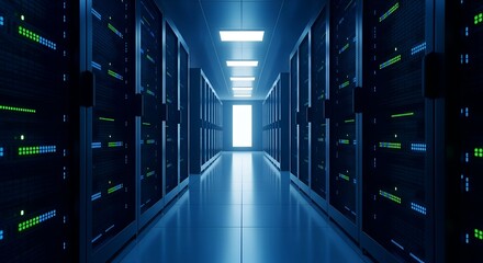 Illuminated futuristic server room corridor with glowing blue lights and data racks stretching into the distance