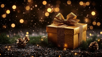 Golden gift box with holiday lights and ornaments