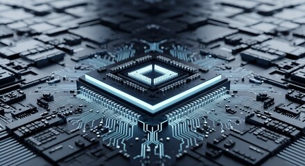 Intricate futuristic microchip processor with glowing blue lights and complex circuitry in a symmetrical digital pattern