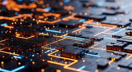 Intricate digital circuit board with glowing orange and blue lines representing data flow and connectivity