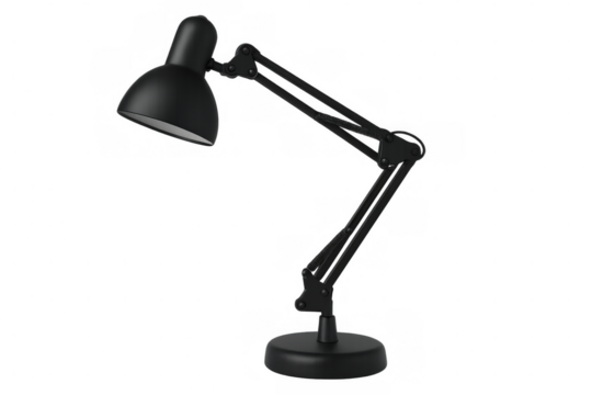 Black articulated desk lamp casting a warm glow, perfect for focused work or study sessions, isolated on transparent background