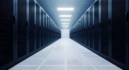 Endless glowing aisle of server racks in a modern data center with cool blue lighting, Long dark server room corridor with rows of computer racks data center	