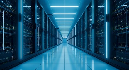 Futuristic server room corridor illuminated by vibrant blue neon lights creating a high tech data center atmosphere, Long dark server room corridor with rows of computer racks data center	