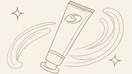 Illustration of a cosmetic tube with swirling lines and stars on a light beige background art