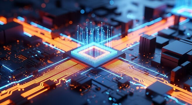 Abstract visualization of a glowing central processor unit with illuminated data pathways and futuristic circuit board elements