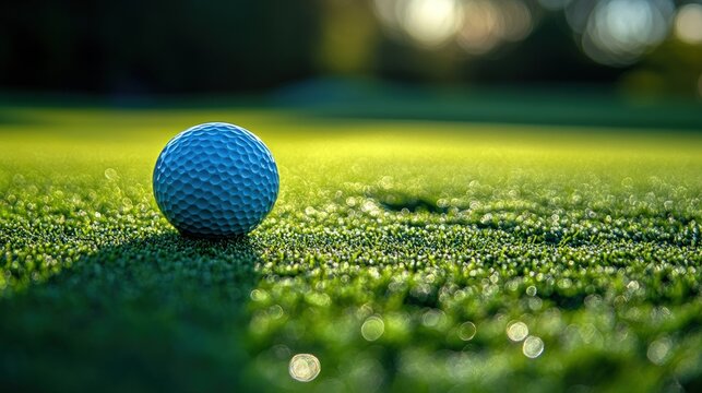 Golf ball on green fairway at sunrise