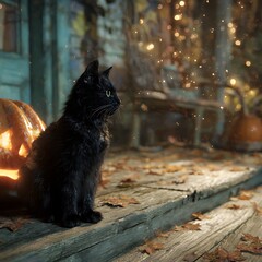 Mysterious Black Cat on Rustic Porch During Halloween Evening.