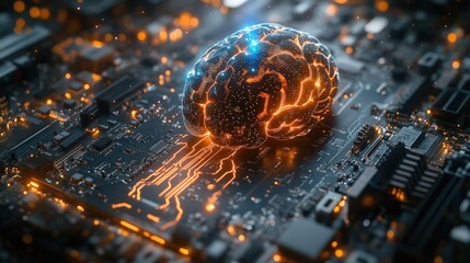 Brain on circuit board, glowing (2)