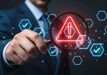Businessman examines glowing red warning triangle with exclamation mark under magnifying glass cybersecurity concept