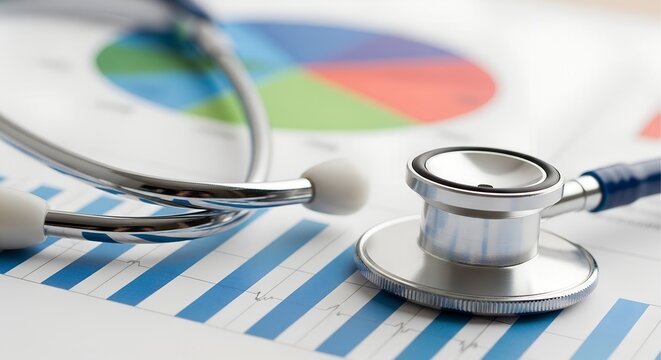 Stethoscope resting on financial charts and graphs representing healthcare analysis and medical business strategy