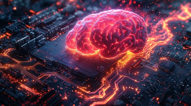 Digital brain on circuit board - Powered by Adobe