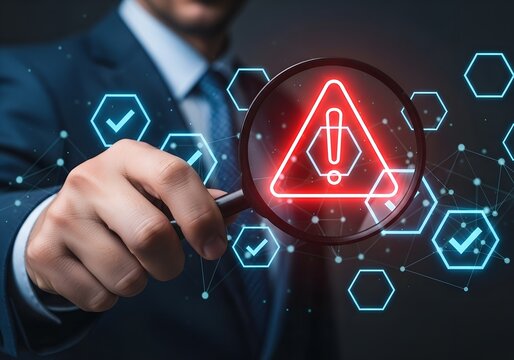 Businessman examines glowing red warning triangle with exclamation mark under magnifying glass cybersecurity concept