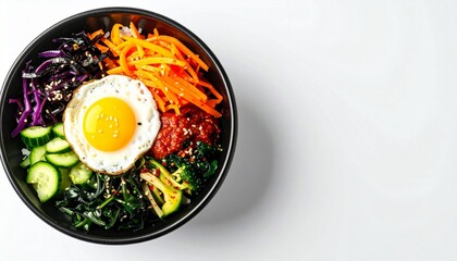 Vibrant bibimbap bowl bursting with colorful vegetables, egg, and savory sauce, a delicious and healthy meal