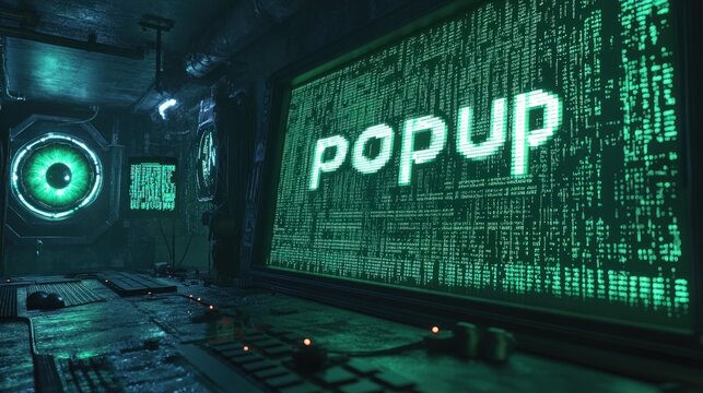 Futuristic computer room with screens displaying code