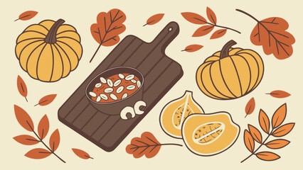 Autumnal arrangement featuring pumpkins, fall leaves, and a wooden board with a bowl of food