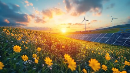 Sunrise over solar farm, flowers