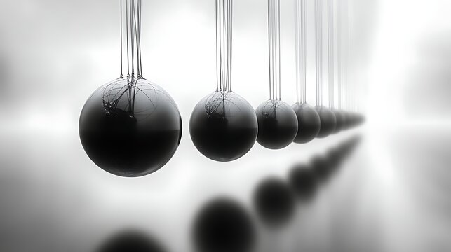 A row of black spheres hanging by threads