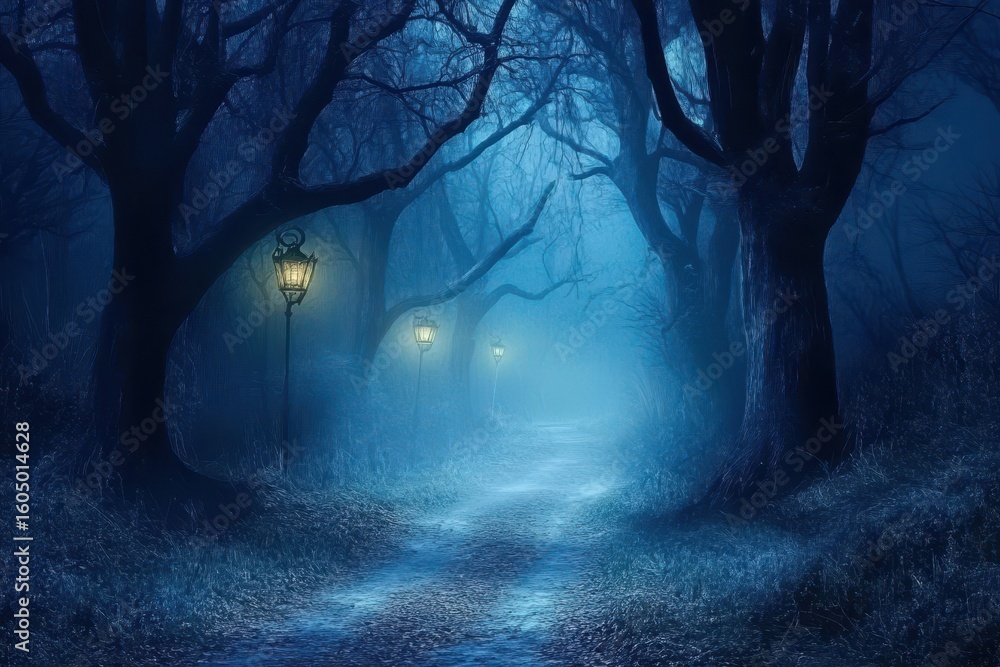 Poster exploring a haunted forest path illuminated by lanterns on a foggy night, moving through a haunted f
