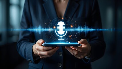 Businessman holding a smartphone with an audio recording symbol, representing voice recognition technology and digital communication tools. 