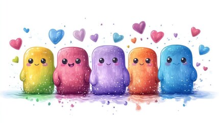 Cute rainbow creatures with hearts