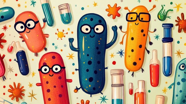 Cartoon microorganisms in lab setting - Powered by Adobe