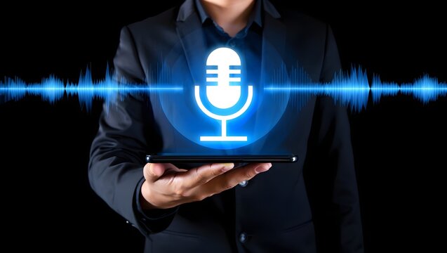Businessman holding a smartphone with an audio recording symbol, representing voice recognition technology and digital communication tools.  - Powered by Adobe