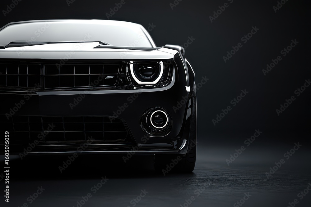 Aufkleber camera captures dynamic front view of sleek black car in studio setting with dramatic lighting, car 