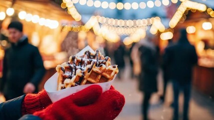 Hot waffles held in mittens at a Christmas market. Warm steam rises from the crispy waffles. Blurred lights and falling snow create a cozy festive winter atmosphere. Realistic holiday food scene. - Powered by Adobe