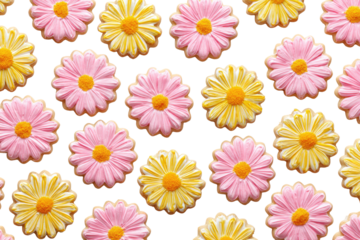 Sweet, floral cookies in pink and yellow.  Decorated daisy-shaped cookies arranged in a grid pattern