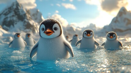 Cute penguins in icy landscape