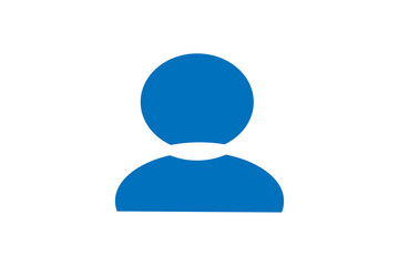 The image shows a solid blue user icon on a white background. The design consists of a filled circle representing the head and a rounded trapezoid shape below representing the shoulders and upper body