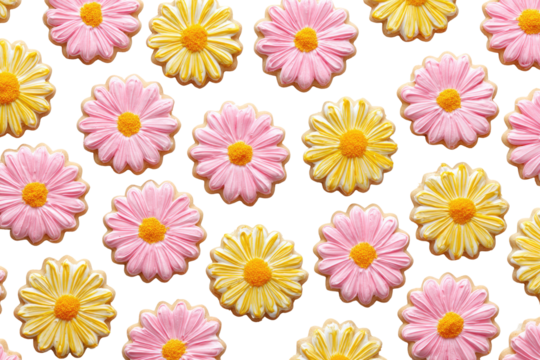 Sweet, floral cookies in pink and yellow.  Decorated daisy-shaped cookies arranged in a grid pattern