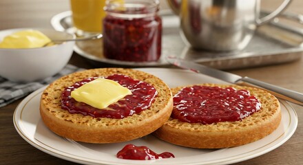 Toasted crumpet with raspberry jam and butter, warm light on silver tray with tea in background