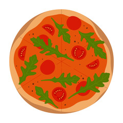 Whole pizza with arugula leaves, tomato slices and ground black pepper. Vegetarian pizza with red sauce topping in flat style. Simple illustration, stock flat vector, isolated.