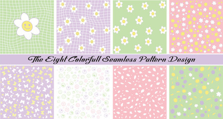 The Eight Colorful Seamless Pattern Design Collection. Featuring Daisies, Butterflies, and Scattered Geometric Shapes in Sweet Pastel Tones for Backgrounds.

