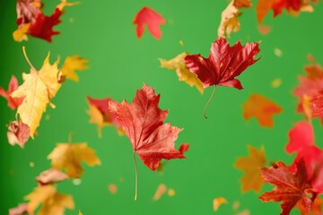 Fototapeta premium Colorful animated autumn leaves swirling through the air against a green background, Animated flying red and yellow autumn leaves on a green screen