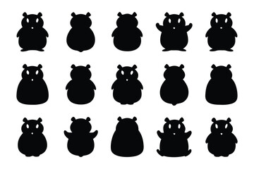 Collection of twelve adorable black cat silhouettes showcasing various playful poses and sitting positions