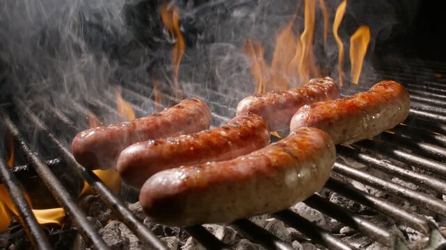 Juicy sausages sizzling on grill with smoke and flames in dark barbecue atmosphere