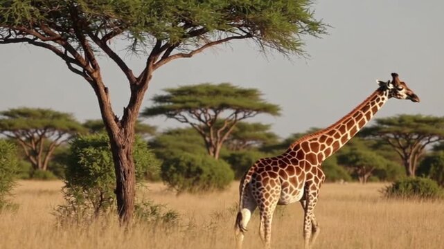 A giraffe standing gracefully in African savanna among a tropical trees, 4K