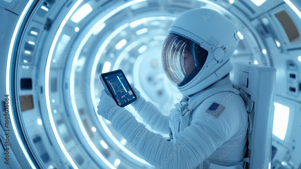 Poster american astronaut wearing spacesuit and holding digital tablet while standing in corridor of space 