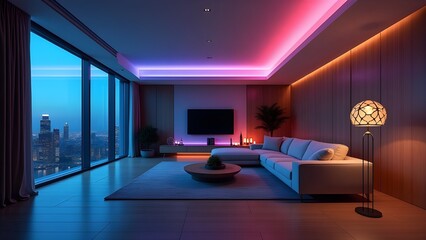 Modern Living Room with LED Strip Lighting and City View