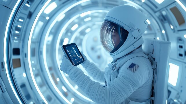 American astronaut wearing spacesuit and holding digital tablet while standing in corridor of space station, exploring universe and controlling spaceship using modern technologies
