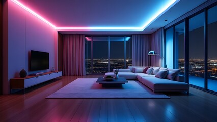 Modern Living Room with Colorful LED Lighting