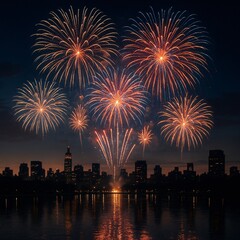 Fototapeta premium New Year’s Eve fireworks exploding over city skyline and reflecting on river water for celebratory season