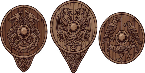 Detailed vector illustration of a Viking shield with wood and metal textures, isolated on a transparent background. Ideal for use in historical designs, game elements, or Nordic-themed branding