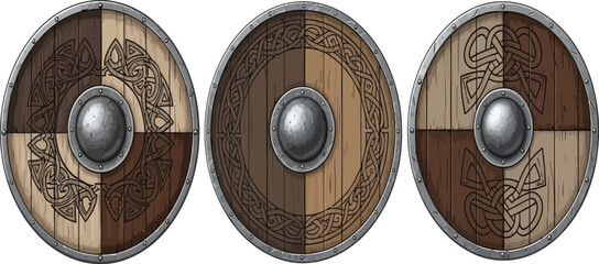 Detailed vector illustration of a Viking shield with wood and metal textures, isolated on a transparent background. Ideal for use in historical designs, game elements, or Nordic-themed branding